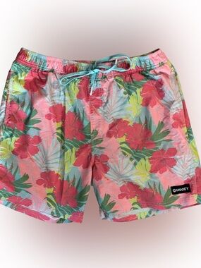 Hooey Pink Floral Athletic Drawstring Shorts with Teal Tie